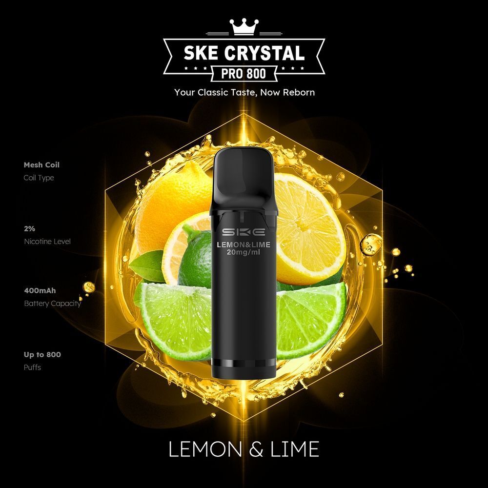 SKE Crystal 800 Pro Pods - Lemon & Lime SKE Crystal Pro Pods Lemon & Lime 20mg mit Abbildung von Zitronen- und Limettenscheiben, schwarzer Pod, bis zu 800 Züge, 400mAh Akku, 2% Nikotin.
