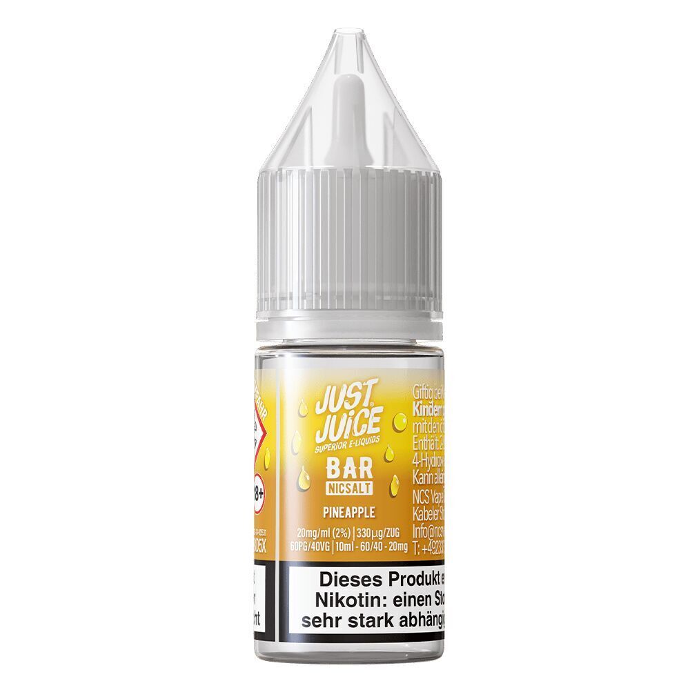 Liquid Pineapple 20mg - Just Juice Just Juice Nikotinsalz Pineapple 20mg Flasche mit orange-weißem Etikett und Warnhinweis zu Nikotin, transparentem Verschluss oben.