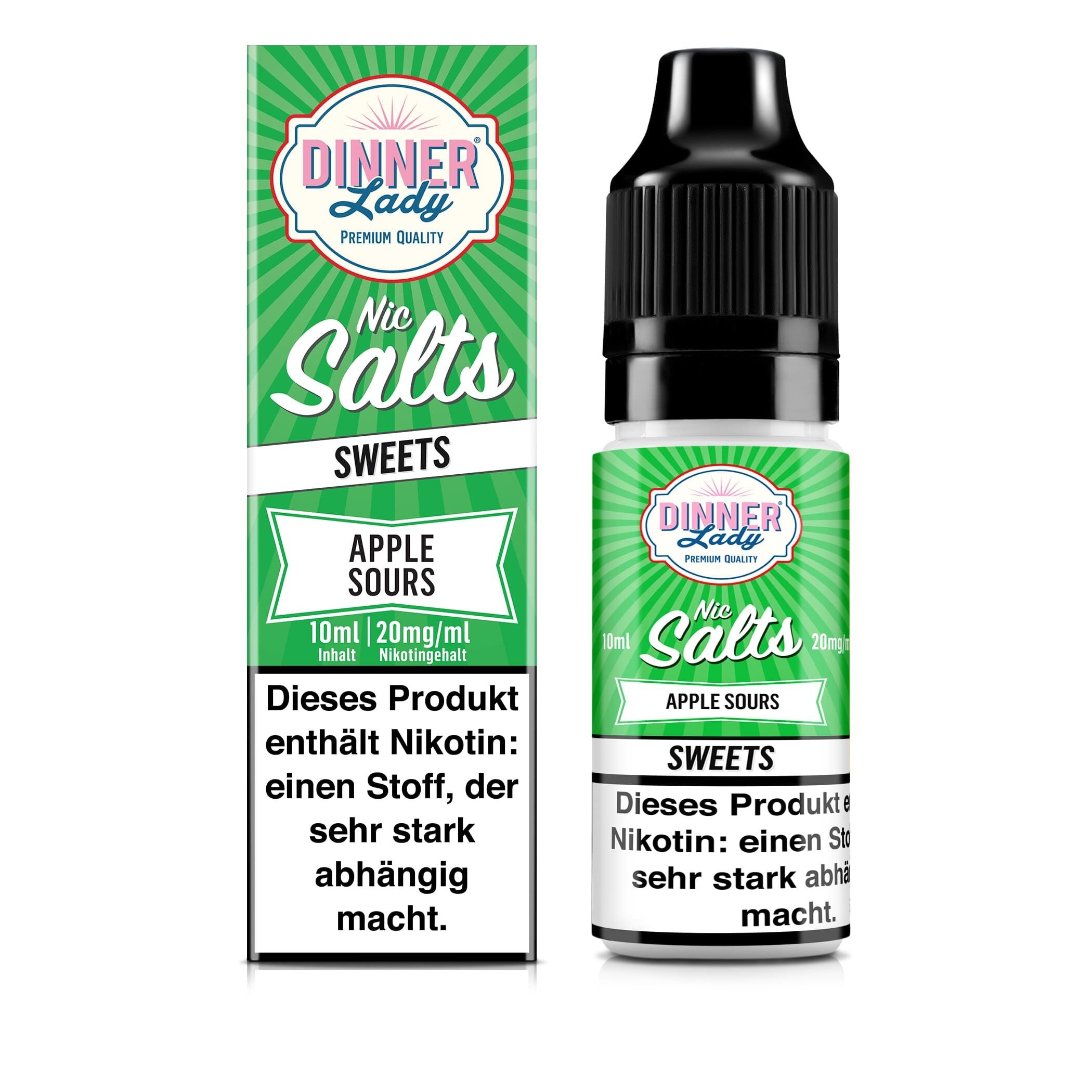 Liquid Apple Sours mit 20mg Nikotin von Dinner Lady Dinner Lady Nikotinsalz Apple Sours 20mg Flasche und Verpackung mit grünem Design, enthält Nikotin und Warnhinweis auf Abhängigkeitseffekt.
