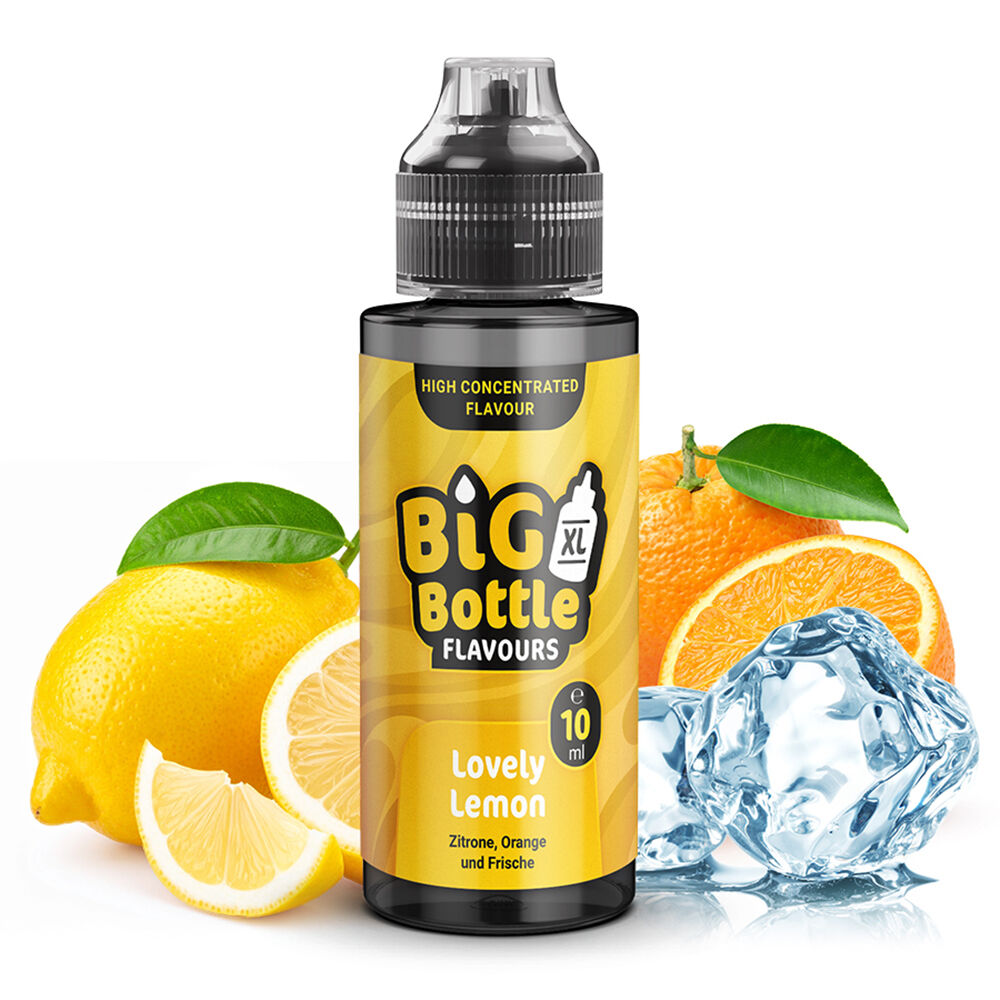 Lovely Lemon - Big Bottle Flavours Big Bottle Flavours Aroma, Lovely Lemon, 10 ml Flasche mit Zitronen- und Orangenhälften sowie Eiswürfeln im Hintergrund.
