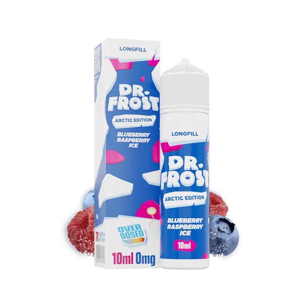 Aroma Blueberry Raspberry Ice - Dr. Frost Dr. Frost Aroma Blueberry Raspberry Ice Longfill Flasche und Verpackung, mit gefrorenen Heidelbeeren und Himbeeren abgebildet.