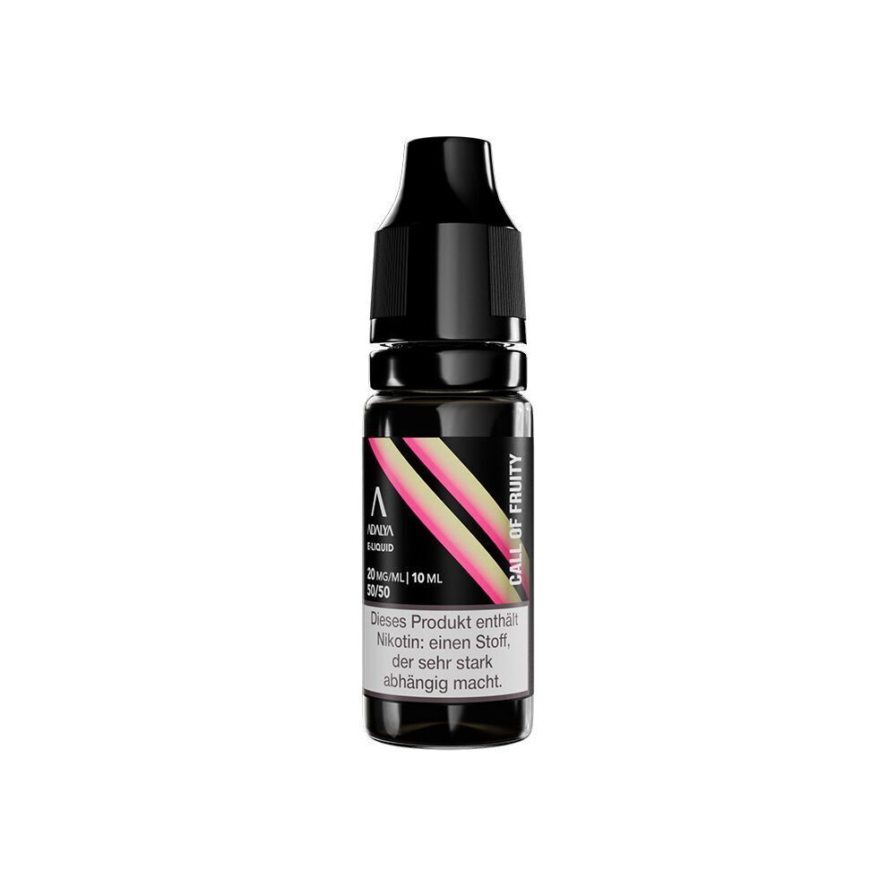 Liquid Call of Fruity 20mg - Adalya Nikotinsalz Flasche Adalya Nikotinsalz Call of Fruity 20mg, schwarzer Verschluss, bunte Etiketten, Hinweis auf Nikotinsuchtgefahr