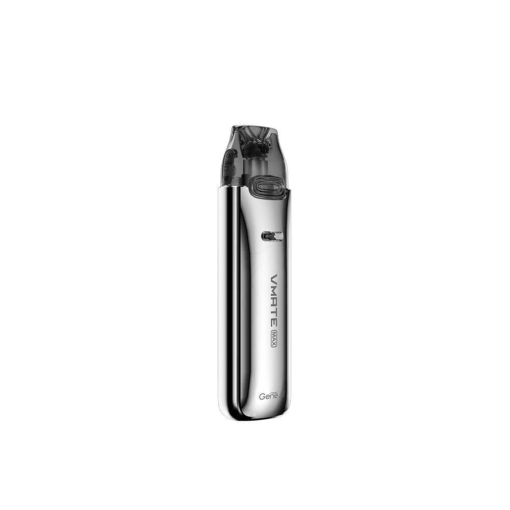 Voopoo VMATE Max Pod Kit in Glacier Silver, schlanke Form, glänzende Oberfläche, sichtbare Bedienelemente und Markenlogo.