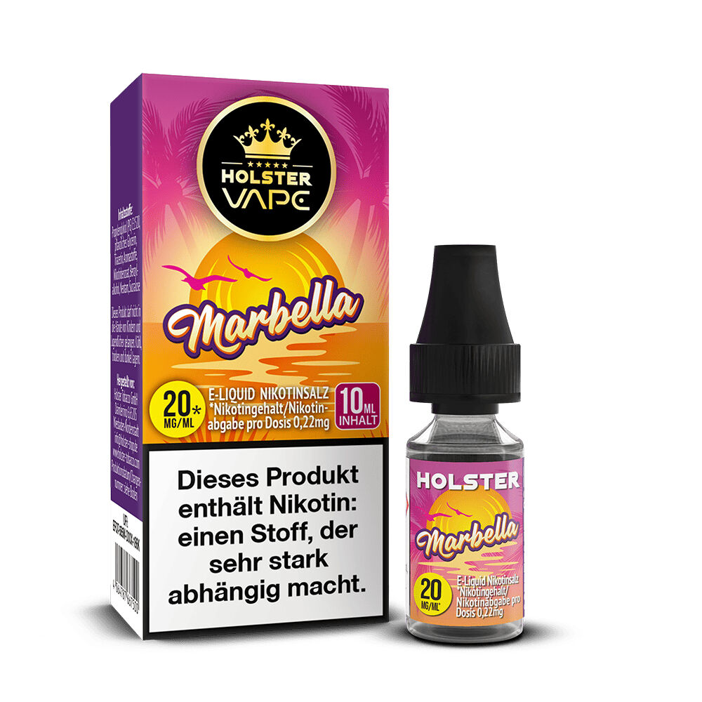 Holster Nikotinsalz - Marbella 20mg Holster Nikotinsalz Marbella 20mg E-Liquid, Packung und Flasche mit Warnhinweis über Nikotinabhängigkeit, Design mit Sonnenuntergang und Vögeln.