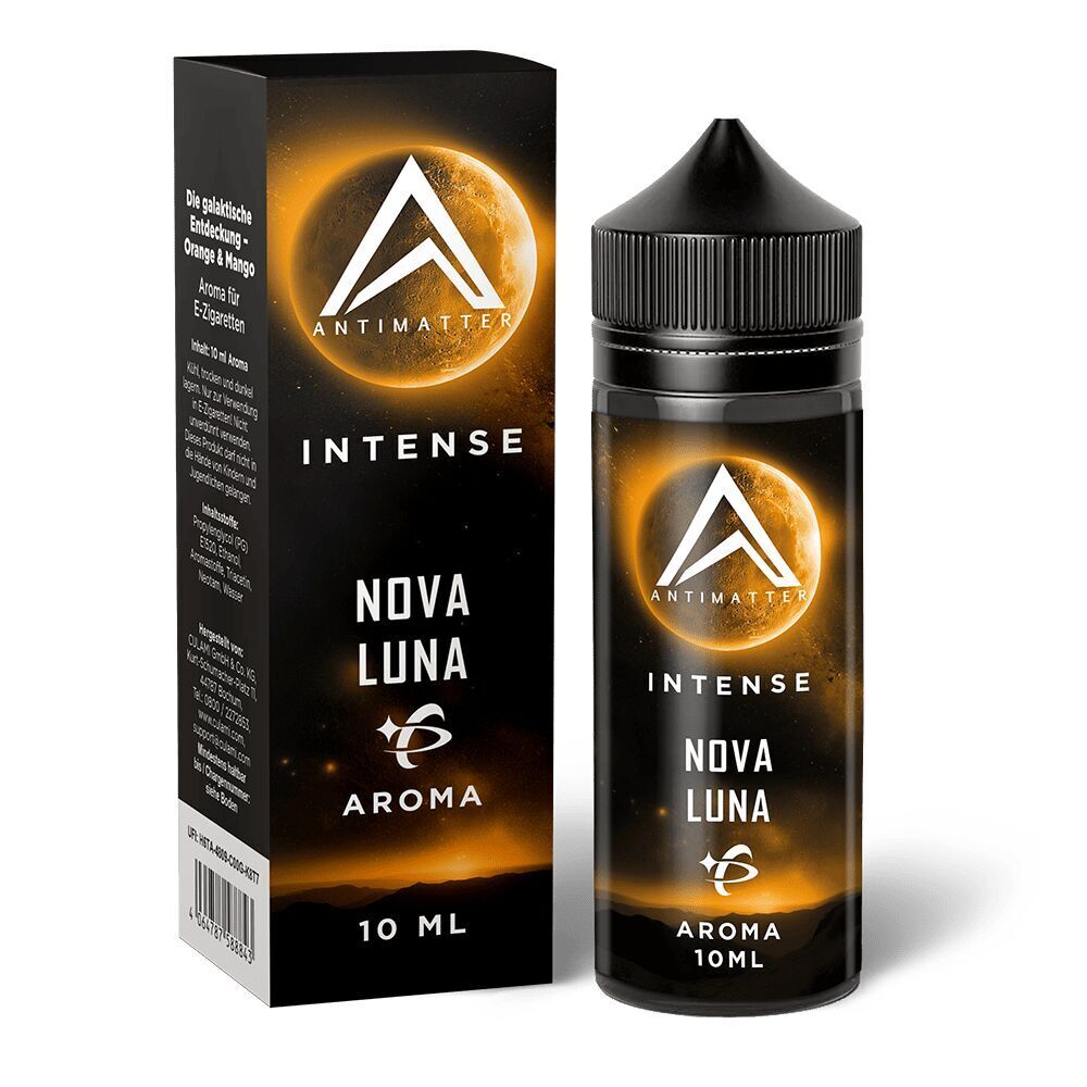 Antimatter Intense Aroma Nova Luna, 10 ml Flasche und Verpackung mit leuchtendem Mondmotiv und markantem Antimatter-Logo.