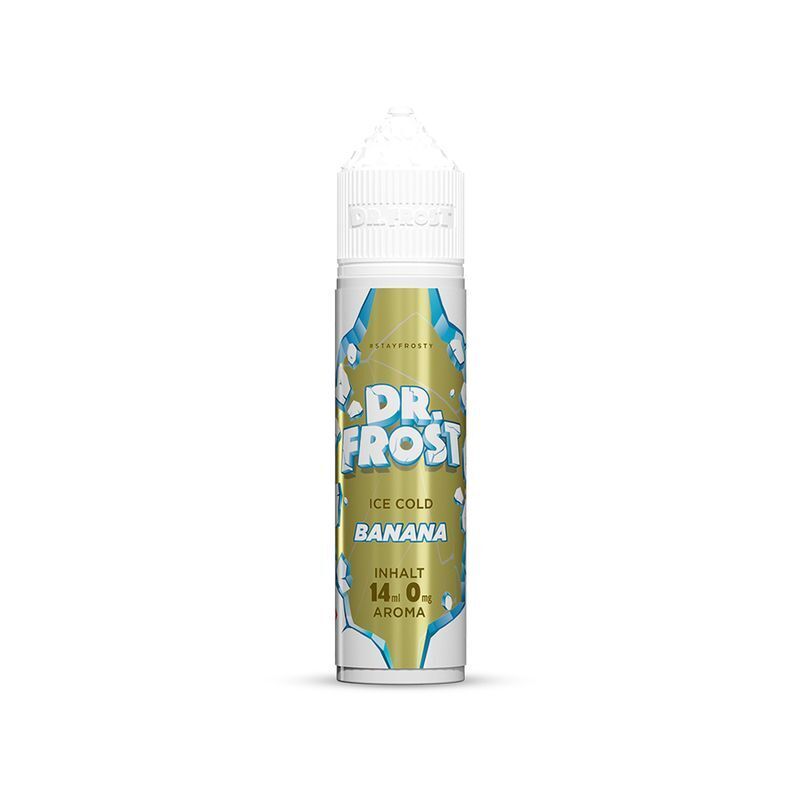 Aroma Banana Ice von Dr. Frost Dr. Frost Aroma - Banana Ice Flasche mit gelbem Etikett, aufgedrucktem Logo, 14 ml Inhalt und "Ice Cold Banana" Schriftzug.
