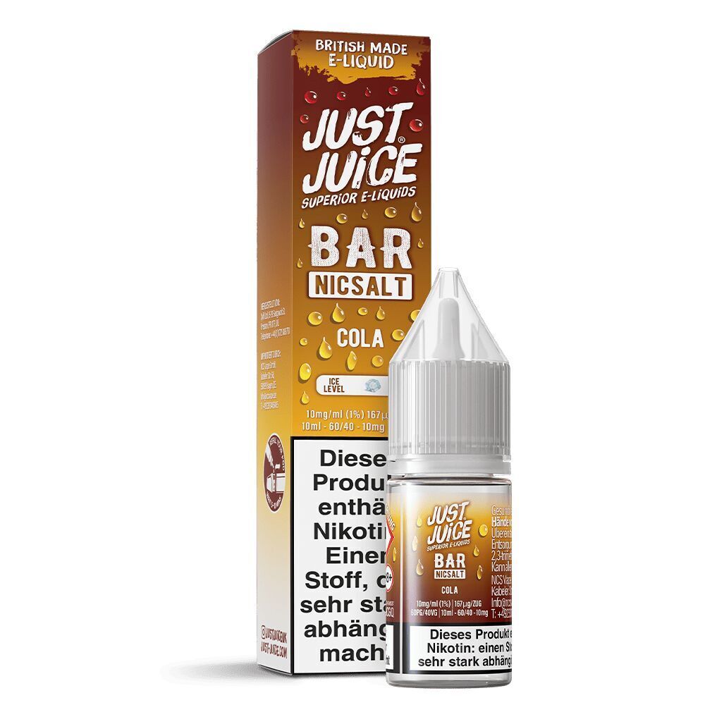 Liquid Cola 10mg - Just Juice Just Juice Nikotinsalz Cola 10mg Flasche und Verpackung mit Warnhinweis und Produktinformationen sichtbar