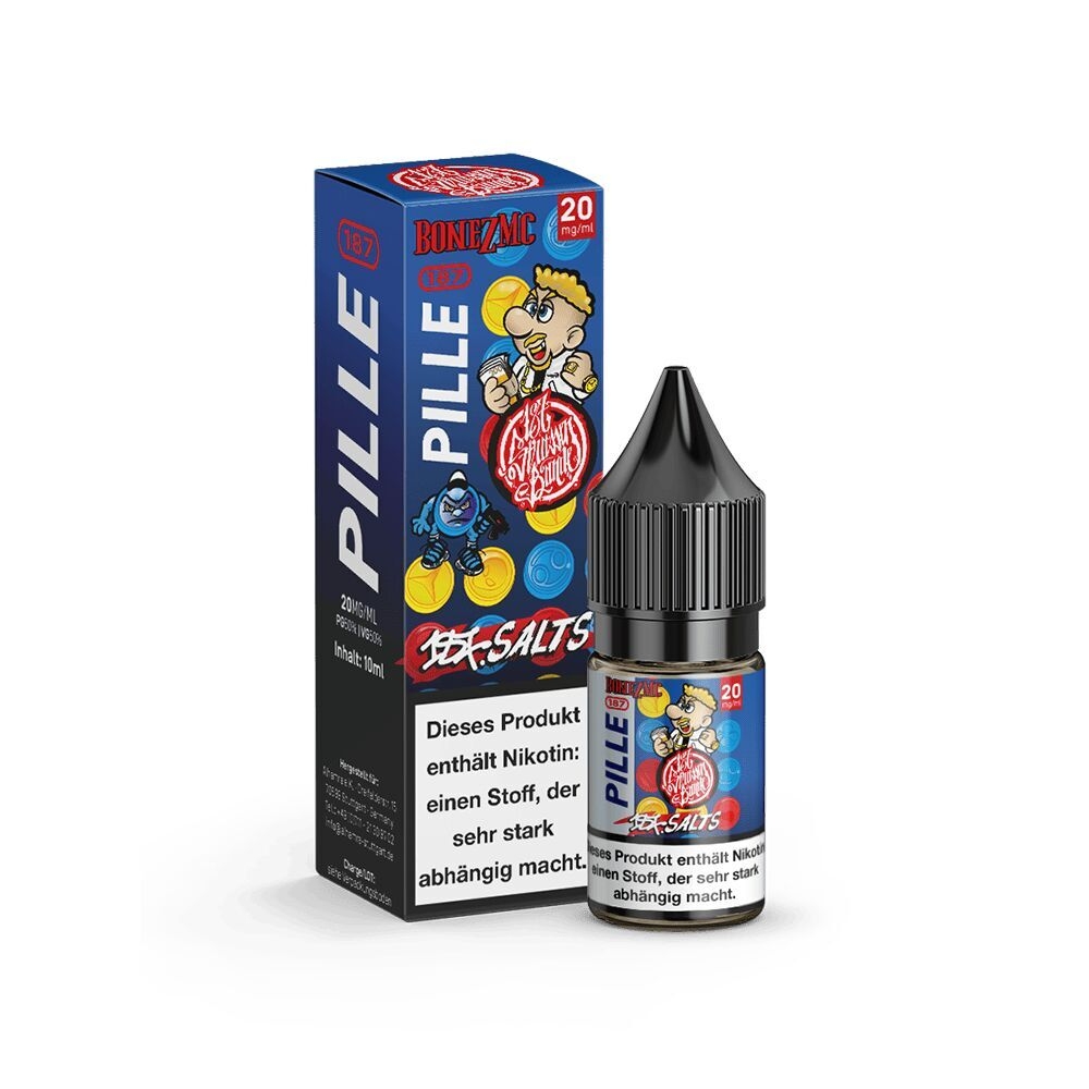 E-Liquid-Flasche und Box von 187 Strassenbande, Produktname Pille Bonez MC, mit 20mg/ml Nikotinsalz, Comic-Design auf der Verpackung.