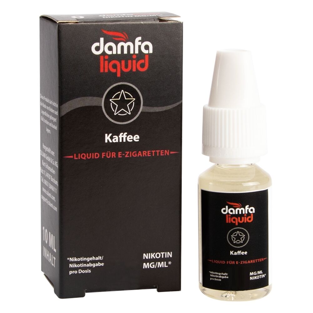 Liquid Kaffee 3mg - Damfaliquid E-Flüssigkeit "Damfaliquid Liquid - Kaffee" für E-Zigaretten, mit Box und Flasche, schwarze Verpackung mit rotem und weißem Text.