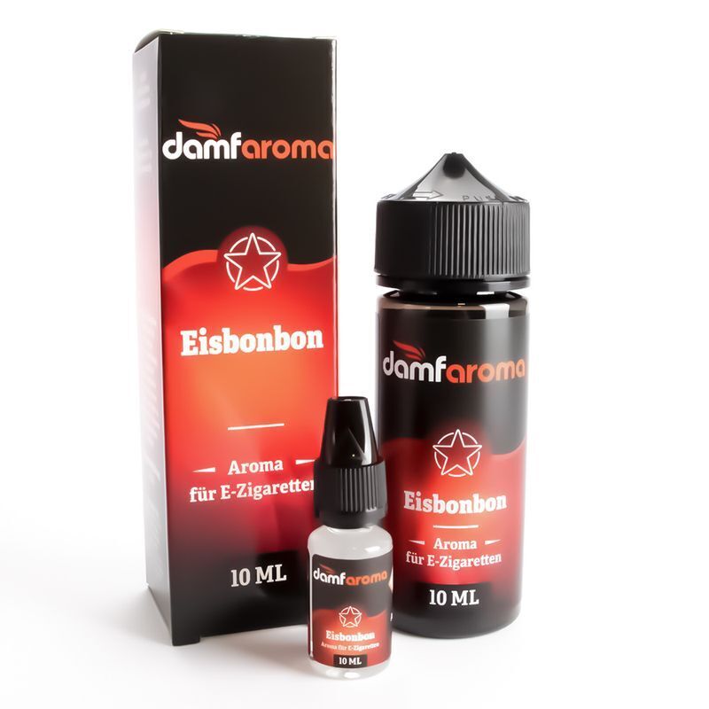 Aroma Eisbonbon von damfaroma Damfaroma Aroma - Eisbonbon 10 ML Flasche und Verpackung für E-Zigaretten, zeigt schwarzes und rotes Design mit weißem Schriftzug.