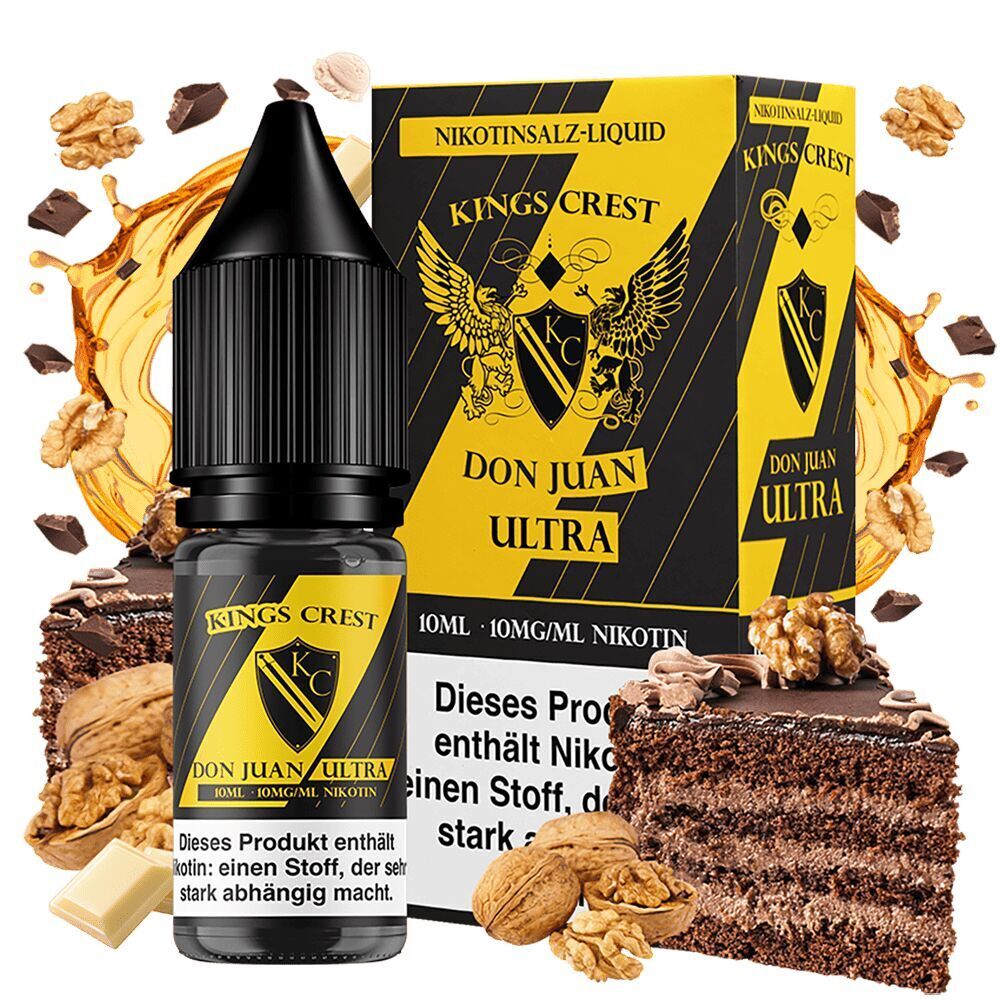 Kings Crest Nikotinsalz - Don Juan Ultra Kings Crest Nikotinsalz Don Juan Ultra 10mg Flasche vor gelber Verpackung, umgeben von Schokolade, Nüssen und Kuchenstücken