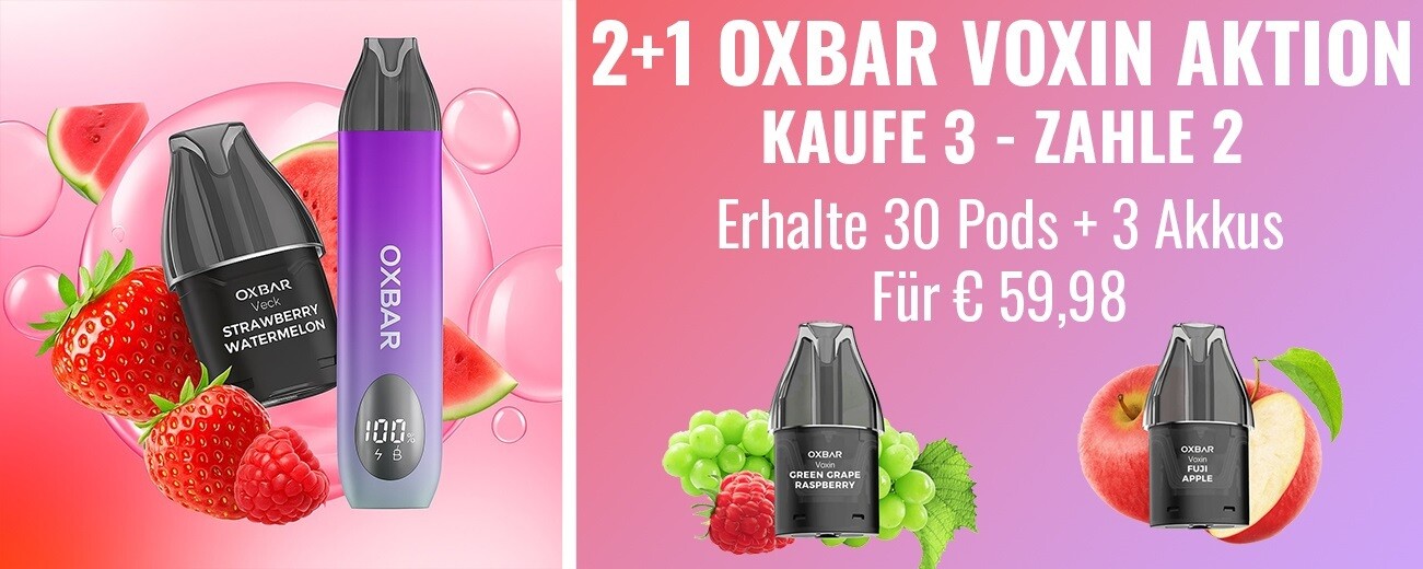 Oxbar E-Zigarette mit Pods und Früchten. 2+1 Aktions Banner