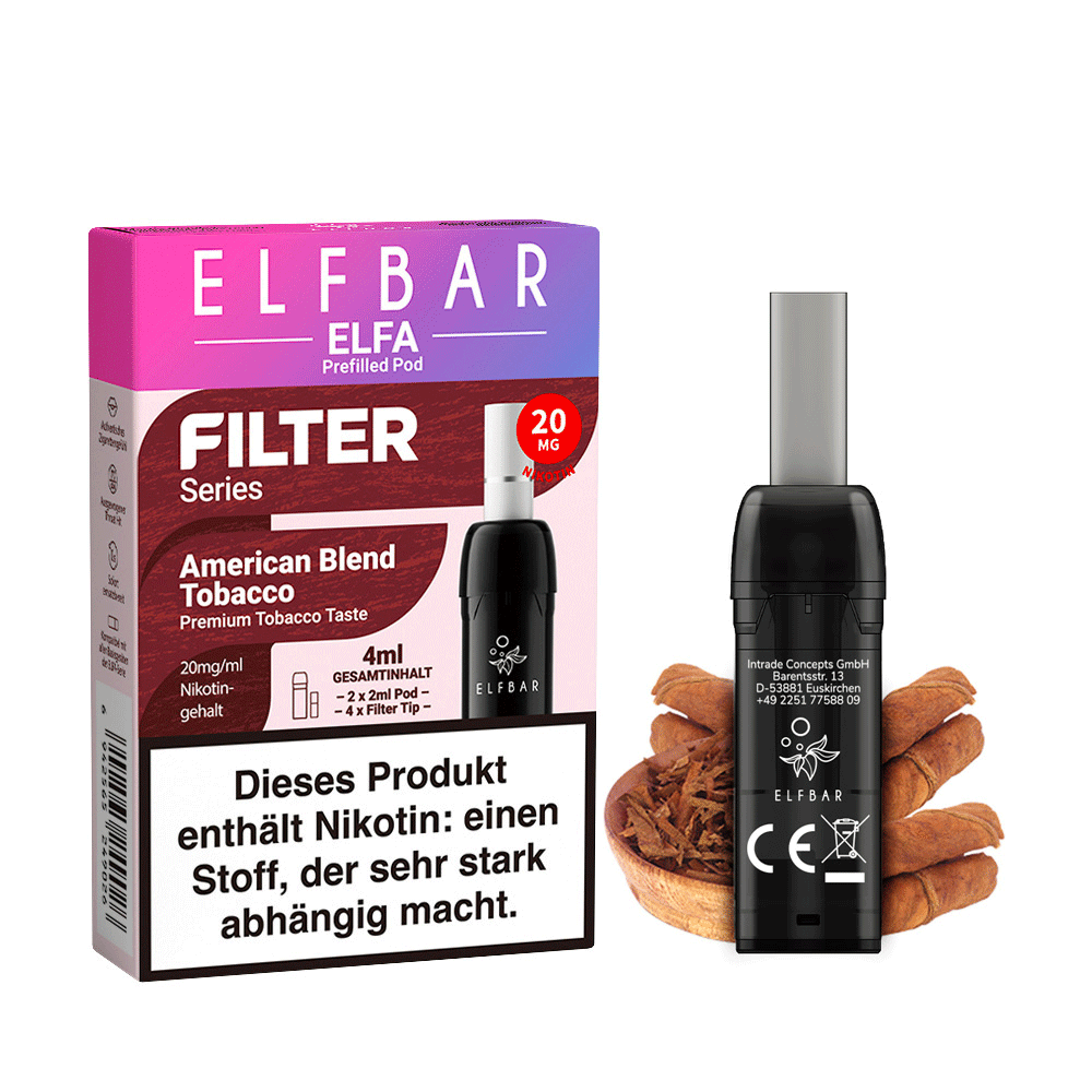 Elfbar Elfa Filter Pod-Verpackung mit American Blend Tobacco Geschmacksrichtung, schwarzer Pod, 20mg Nikotinsalz, Tabaktextur im Hintergrund.