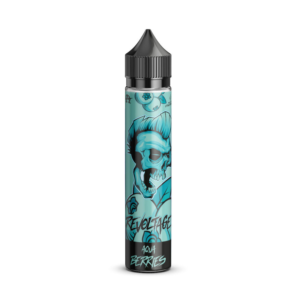 Revoltage Longfill Aroma Aqua Berries Flasche mit Skull-Design in Blau auf transparentem Hintergrund, schwarzer Verschluss.