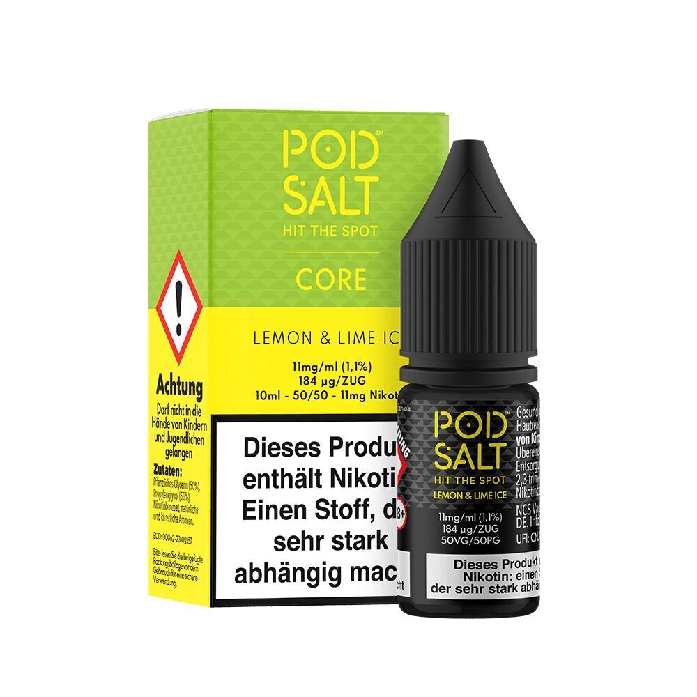 Liquid Lemon & Lime Ice von Pod Salt Core Pod Salt Core Nikotinsalz-Liquid Lemon & Lime Ice, 10ml Flasche, gelbe Verpackung, Warnhinweise und Inhaltsangaben sichtbar.