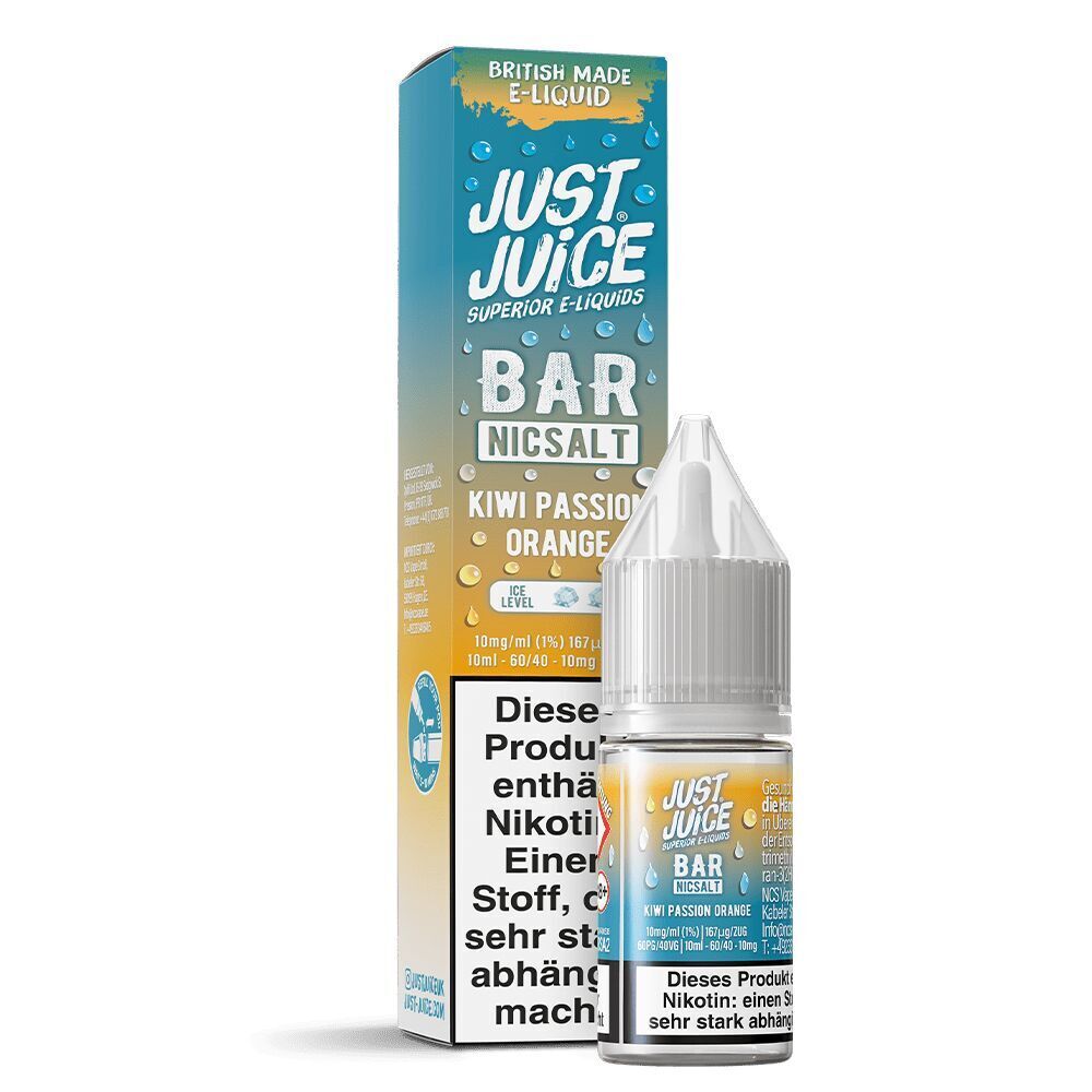 Liquid Kiwi Passion Orange 10mg - Just Juice E-Liquid-Flasche und Verpackung von Just Juice Bar Nicsalt, Kiwi Passion Orange, mit Warnhinweisen und Branding sichtbar.