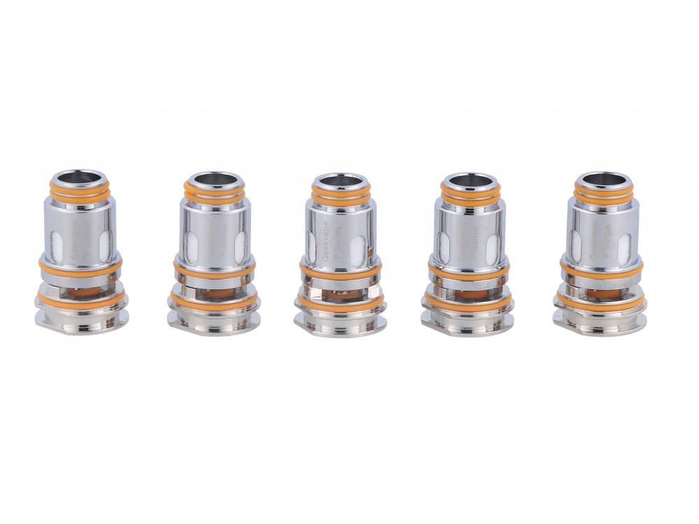 GeekVape P Series Heads 0,4 Ohm Fünf GeekVape P Series Verdampferköpfe mit silbernem Gehäuse und orangefarbenen Dichtungen in einer Reihe angeordnet