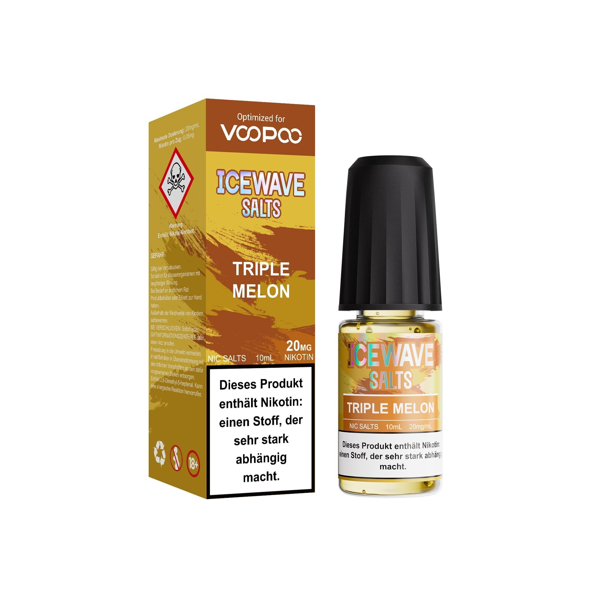 Icewave Nikotinsalz - Triple Melon 20mg Icewave Salts Triple Melon 20mg, E-Liquid-Flasche mit schwarzem Verschluss, gelb-orange Verpackung mit Warnhinweis, Nikotinsalz, 10ml.