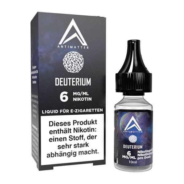 Liquid Deuterium mit 6mg Nikotin von Antimatter Flasche und Verpackung von Antimatter Liquid Deuterium 6 mg Nikotin für E-Zigaretten, Warnhinweis zur Nikotinabhängigkeit auf der Seite.