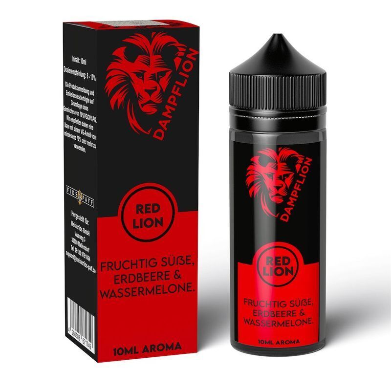 Aroma Red Lion von Dampflion Originals Dampflion Originals Aroma Red Lion Flasche und Verpackung mit rotem Löwenkopf-Design, Geschmack: Erdbeere und Wassermelone, 10ml Aroma.