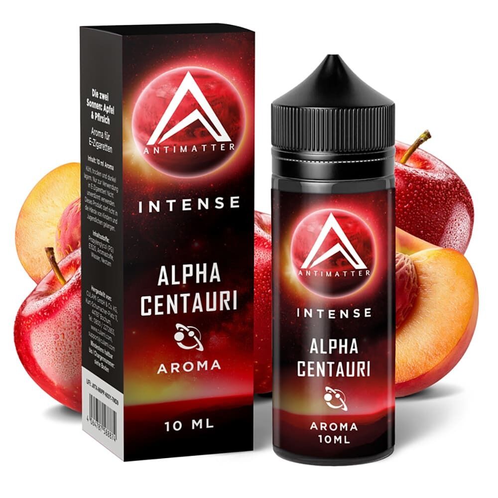 Aroma Alpha Centauri von Antimatter Intense Antimatter Intense Aroma Alpha Centauri Flasche und Verpackung mit Abbildungen von Apfel und Pfirsich, 10 ml Aroma für E-Zigaretten.