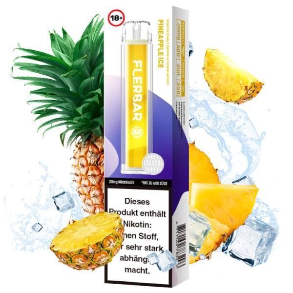 Pineapple Ice mit 20mg Nikotin Flerbar E-Shisha Flerbar Pineapple Ice E-Zigarette mit gelbem Gehäuse, umgeben von frischen Ananasscheiben und Eiswürfeln, Hinweistext auf der Verpackung.