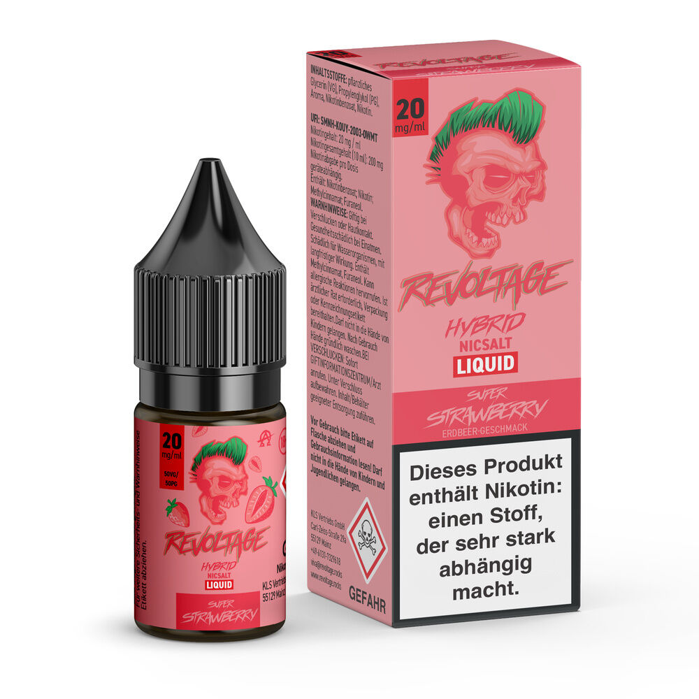Revoltage Hybrid Liquid - Super Strawberry Revoltage Hybrid Liquid in Super Strawberry mit 20 mg/ml Nikotinsalz, abgebildet mit Verpackung und Warnhinweis "enthält Nikotin"