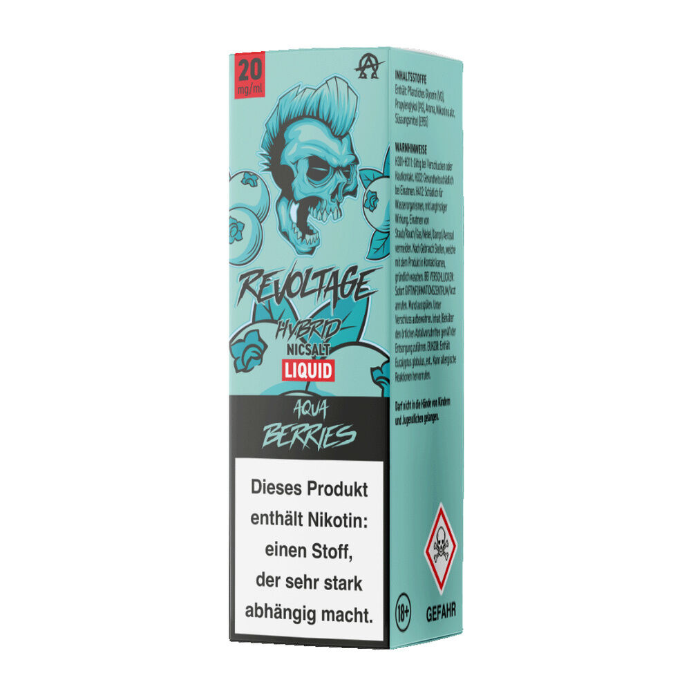 revoltage-hybrid-liquid-aqua-berries-20mg_2 Verpackung des Revoltage Hybrid Nicsalt Liquids Aqua Berries 20mg, illustrativer Totenschädel, Nikotinwarnhinweis, 18+ Symbol