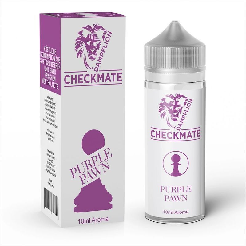 Aroma Purple Pawn von Dampflion Checkmate Dampflion Checkmate Aroma Purple Pawn Flasche und Verpackung mit Schachfigur-Design in Lila, 10ml Aroma, fruchtige Beeren und MentholNote.
