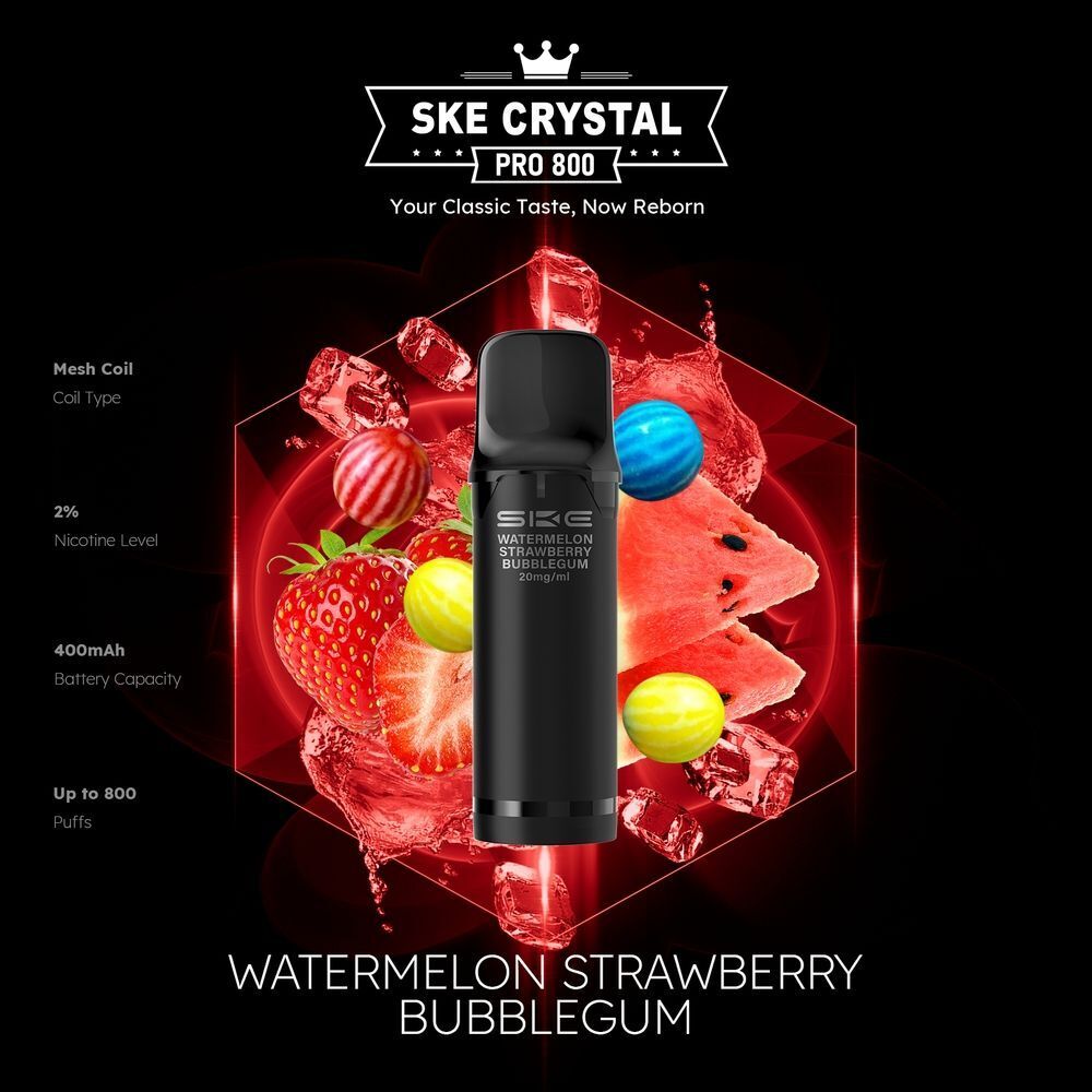 SKE Crystal 800 Pro Pods - Watermelon Strawberry Bubblegum SKE Crystal Pro Pod Watermelon Strawberry Bubblegum 20mg, schwarzes Gerät vor bunten Frucht- und Kaugummidetails, 800 Züge, 2 % Nikotin.