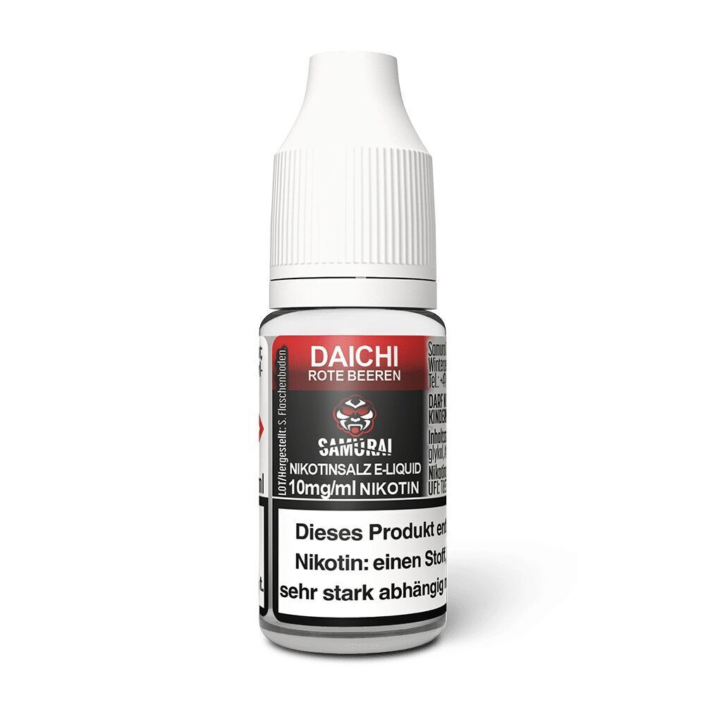 Liquid Daichi Rote Beeren 10mg - Samurai Flasche mit roter Aufschrift „Daichi Rote Beeren“ und „Samurai Nikotinsalz E-Liquid 10mg/ml Nikotin“, Hinweis auf Nikotinsuchtgefahr