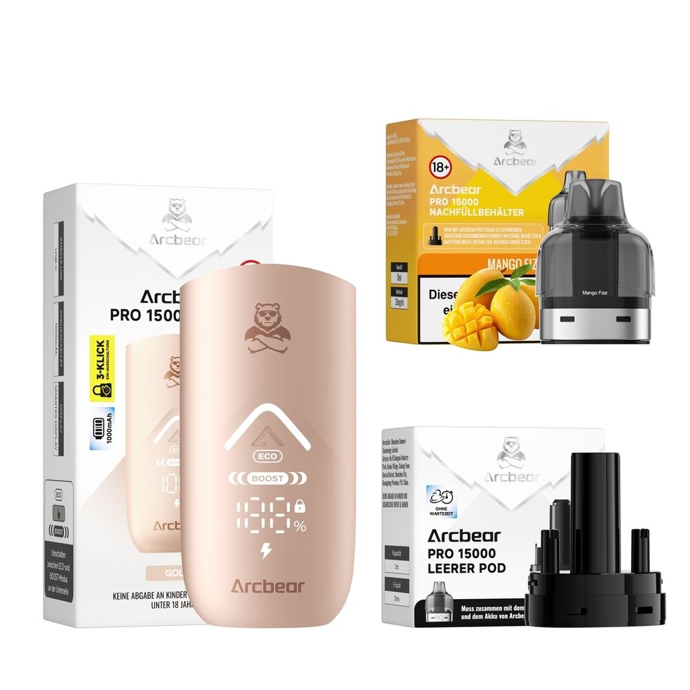 Arcbear Pro 15000 Set - Mango Fizz 20mg Arcbear Pro 15000 Set mit goldfarbenem Gerät, leeren Pods, Nachfüllbehälter Mango Fizz, Verpackungen und Logos.