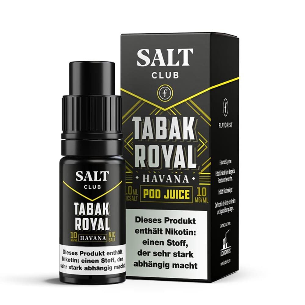 Liquid Tabak Royal Hanava von Flavorist Salt Club E-Liquid Flasche und Verpackung der Marke Salt Club, Tabak Royal Havána, mit Warnhinweis zu Nikotingehalt, 10 ml, 20 mg/ml Nikotinsalz.