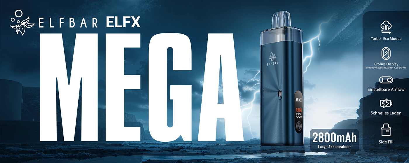ELFBAR ELFX Mega E-Zigarette – leistungsstarkes Vape-System mit 2800 mAh Akku, großem Display, Turbo- & Eco-Modus, einstellbarer Airflow und Side-Fill