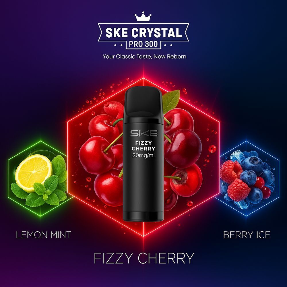 SKE Crystal 800 Pro Pods - alle Sorten - 20mg Nikotin SKE Crystal 800 Pro Pods in der Geschmacksrichtung Fizzy Cherry, abgebildet mit roten Kirschen, dazu Lemon Mint und Berry Ice Geschmacksrichtungen.