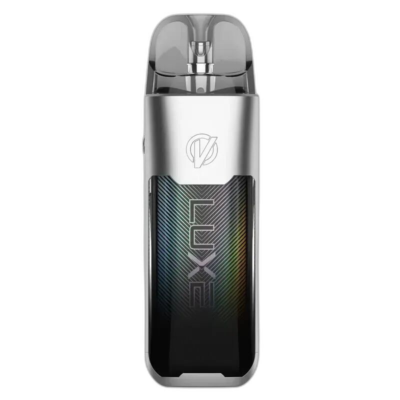 Vaporesso Luxe XR Max Pod Kit in Silber mit transparentem Pod oben, glänzendem Gehäuse und silbernem Logo auf schwarzem Hintergrund.