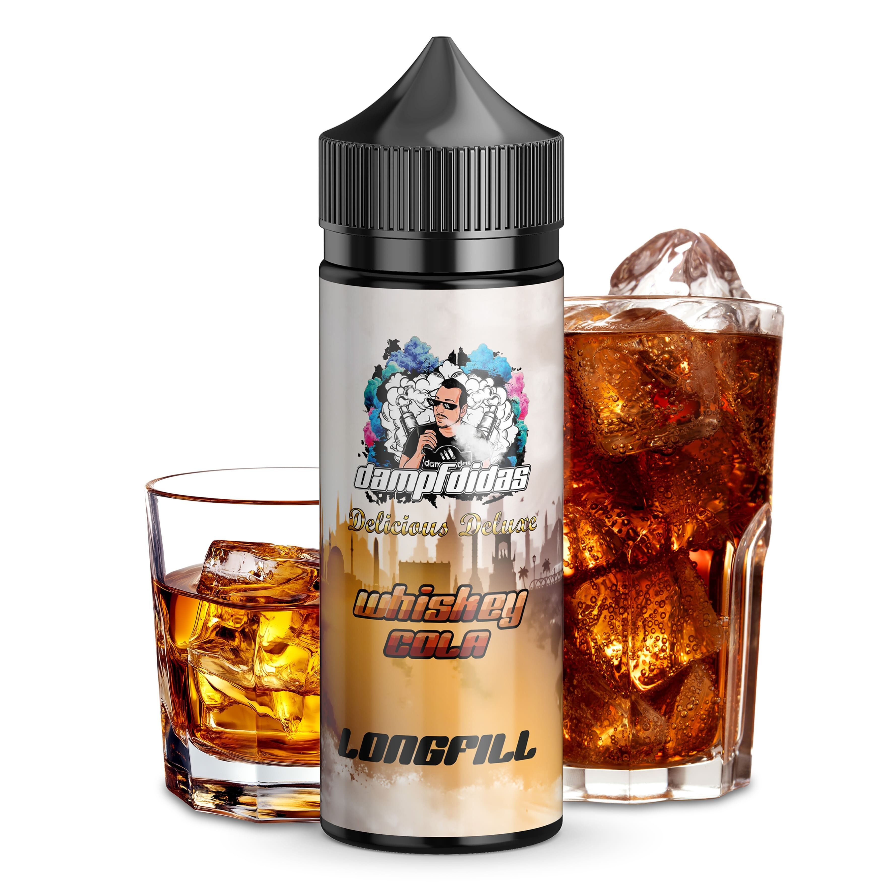 Aroma Whiskey Cola - Dampfdidas Dampfdidas Aroma Whiskey Cola Flasche mit stilvollem Etikett, neben zwei Gläsern mit Whiskey und Cola, gefüllt mit Eiswürfeln.
