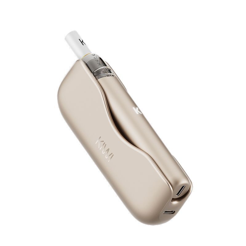 Kiwi 2 Pod Kit in Gold Rose mit abgerundeten Kanten und sichtbarem Mundstück, Branding "KIWI", USB-Anschluss an der Unterseite