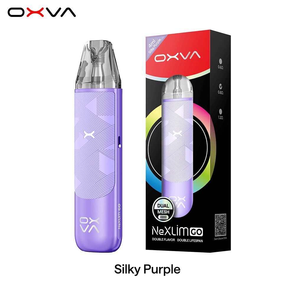 Oxva NeXLIM GO Pod Kit in Silky Purple, mit transparentem Mundstück, grauen Mustern und markantem Branding, neben passender Verpackung.