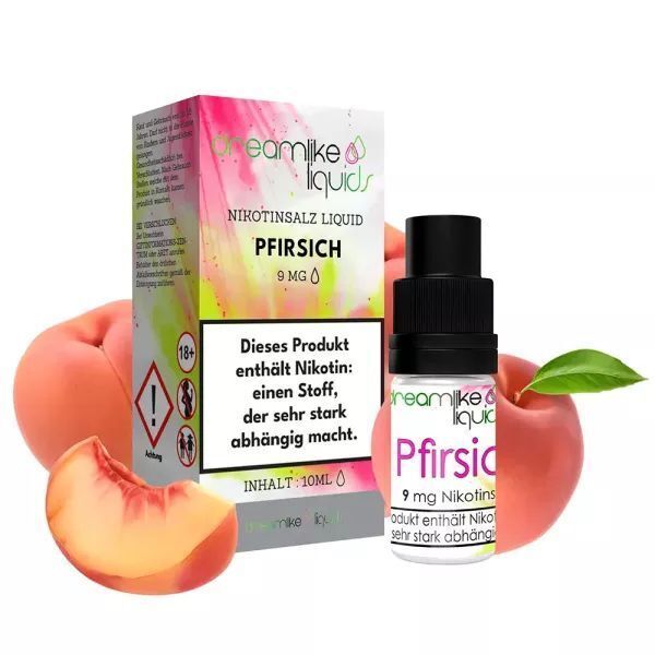 Liquid Pfirsich von Dreamlike Liquids Verpackung von Dreamlike Nikotinsalz Pfirsich mit Flasche, Pfirsichfrüchte und Warnhinweis, enthält 9 mg Nikotin