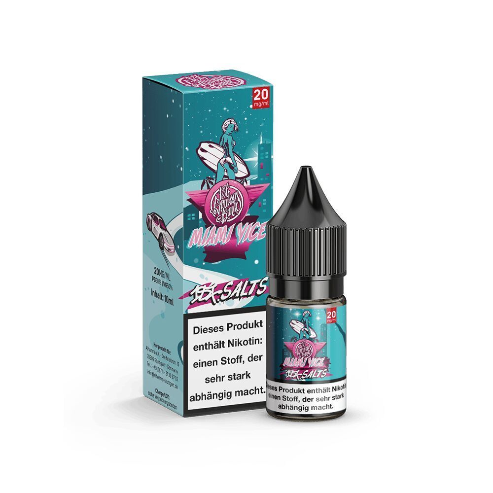 187 Strassenbande Liquid - Miami Vize 20mg 187 Strassenbande Liquid Miami Vice in einer Box mit 10 ml Flasche, blauer Hintergrund, mit Abbildung einer Person auf einem Surfbrett.