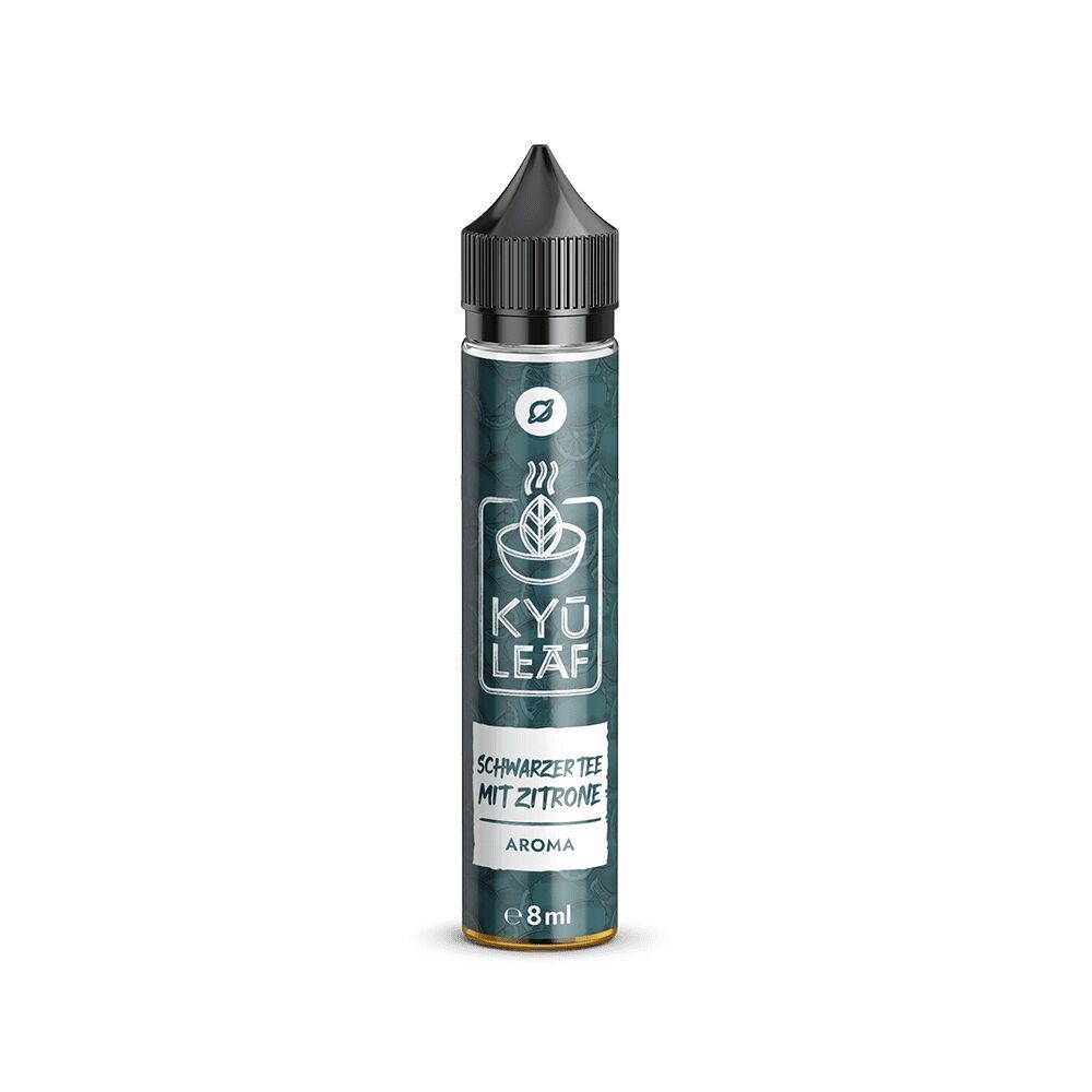 Aroma-Fläschchen Kyu Leaf mit der Aufschrift Schwarztee mit Zitrone; Verpackung in dunklem Farbschema, 8 ml Inhalt
