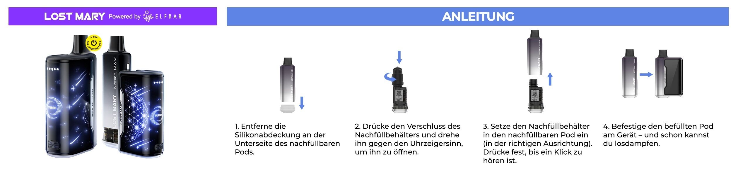 Lost Mary Nera Max Pods und Akku Bedienungsanleitung auf Deutsch mit Bildern Oxva Artio 2 Banner mit 2 Artio 2 Akkus und Schriftzug zur echten Zigaretten Alternative