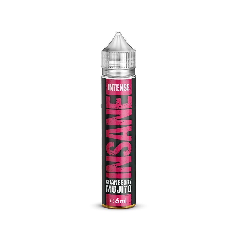 Aroma Cranberry Mojito - Insane Flasche Insane Aroma - Cranberry Mojito, schwarz-rote Verpackung mit der Aufschrift "Insane" und "e6ml", metallischer Verschluss
