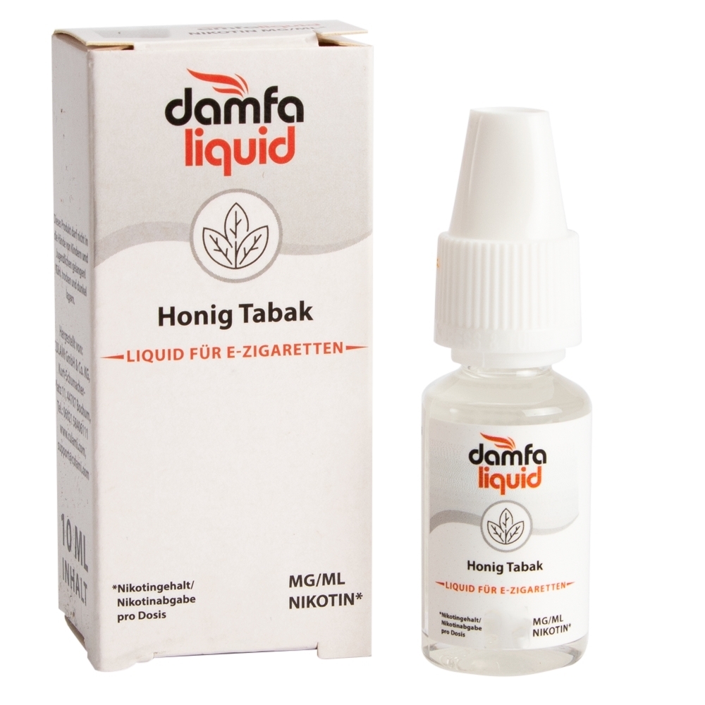 Dampflüssigkeit Honig Tabak 0mg von Damfaliquid, 10 ml Flasche neben der Verpackung, geeignet für E-Zigaretten, ohne Nikotingehalt.
