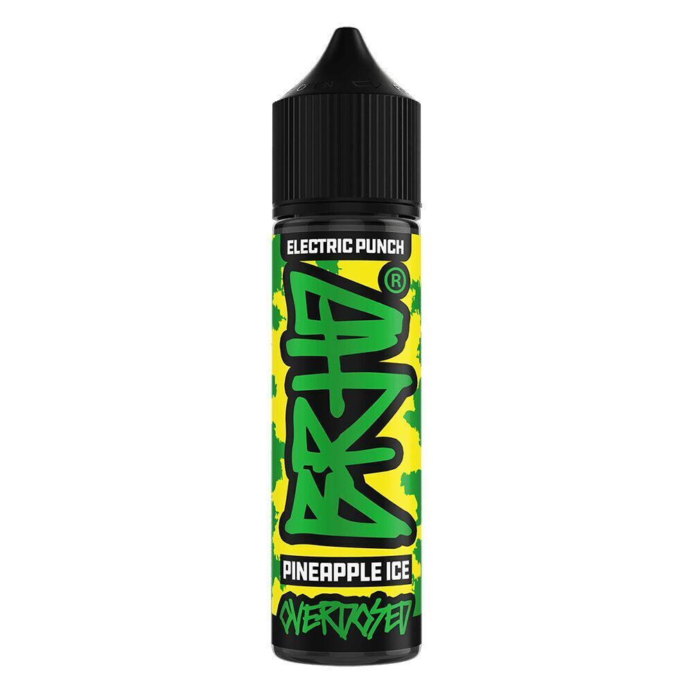 Aroma Pineapple Ice von BRHD Flasche BRHD Aroma Pineapple Ice mit schwarzem Verschluss, gelb-grünem Etikett; Aufschrift: Electric Punch, Overdosed.
