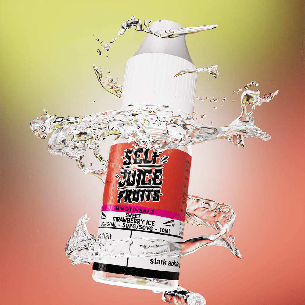 Liquid Sweet Strawberry Ice von Self Juice Flasche mit Self Juice Fruits Nikotinsalz, Sorte Sweet Strawberry Ice, umgeben von spritzendem Wasser vor buntem Hintergrund.