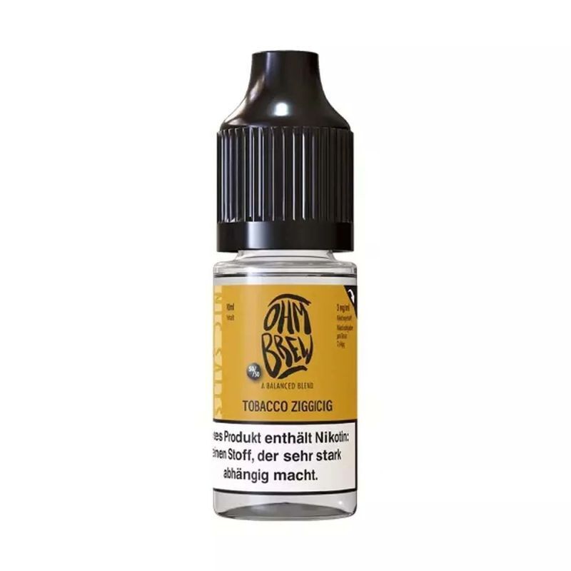 Liquid Tobacco Ziggicig von Ohm Brew Ohm Brew Nikotinsalzflasche mit gelbem Etikett, auf dem "Tobacco Ziggicig" steht, schwarzer Verschluss