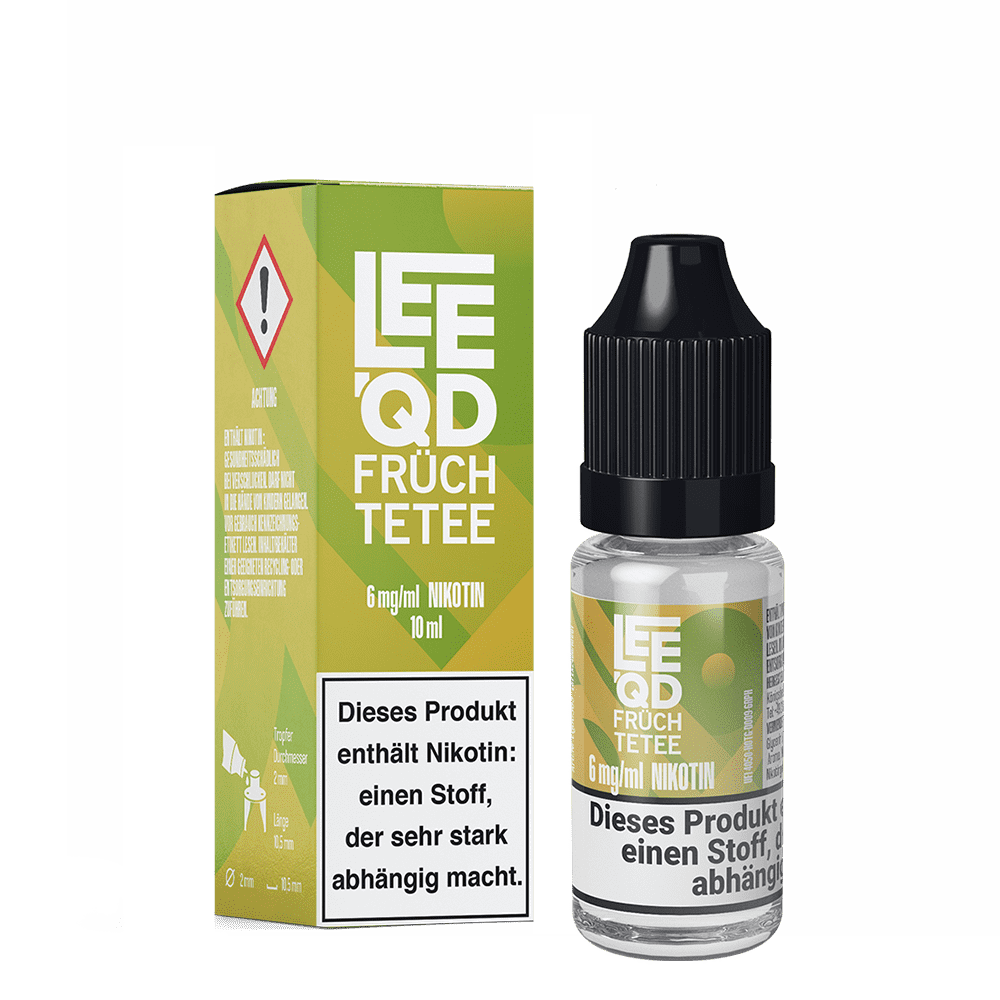 Leeqd Liquid Früchtetee 6mg Produktverpackung und Flasche, Warnhinweis "Dieses Produkt enthält Nikotin: einen Stoff, der sehr stark abhängig macht" 