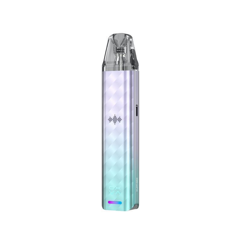 Oxva Xlim SE 2 Pod Kit in Blau-Lila, mit transparentem Mundstück und Muster auf der Vorderseite, seitlicher Knopf, LED-Leuchte unten